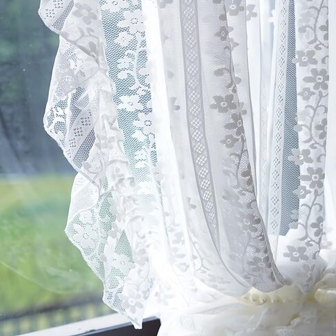 White Little Flower Knitted Lace Curtain with Ruffles for Daughters Bedroom French Romantic Voile Rod Pocket Elegant Floral Embroidered Victorian Drapes 2 Panels (W52xH84 inch) in Saudi Arabia