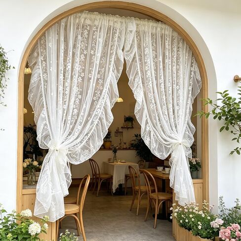 White Little Flower Knitted Lace Curtain with Ruffles for Daughters Bedroom French Romantic Voile Rod Pocket Elegant Floral Embroidered Victorian Drapes 2 Panels (W52xH84 inch) in Saudi Arabia