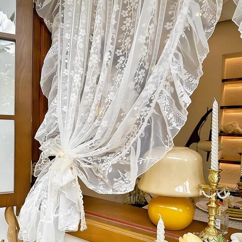 White Little Flower Knitted Lace Curtain with Ruffles for Daughters Bedroom French Romantic Voile Rod Pocket Elegant Floral Embroidered Victorian Drapes 2 Panels (W52xH84 inch) in Saudi Arabia