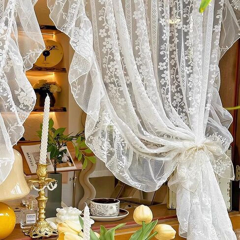 White Little Flower Knitted Lace Curtain with Ruffles for Daughters Bedroom French Romantic Voile Rod Pocket Elegant Floral Embroidered Victorian Drapes 2 Panels (W52xH84 inch) in Saudi Arabia