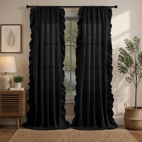 Ruffle Curtains 84 Inches Long for Bedroom Living Room,Farmhouse Black Ruffle Curtains Light Filtering Victorian Gothic Drapes Rod Pocket French Country Flowy Window Curtain in Saudi Arabia
