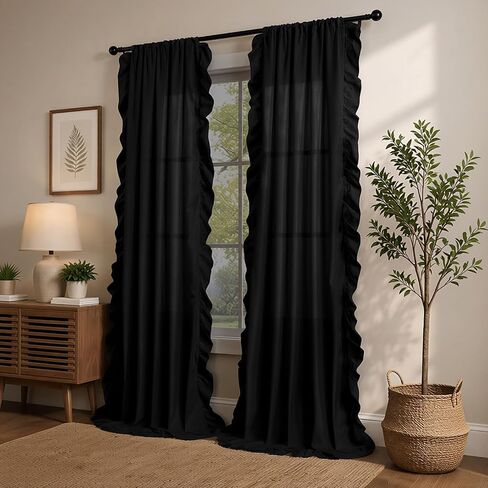 Ruffle Curtains 84 Inches Long for Bedroom Living Room,Farmhouse Black Ruffle Curtains Light Filtering Victorian Gothic Drapes Rod Pocket French Country Flowy Window Curtain in Saudi Arabia