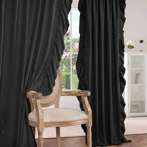 Ruffle Curtains 84 Inches Long for Bedroom Living Room,Farmhouse Black Ruffle Curtains Light Filtering Victorian Gothic Drapes Rod Pocket French Country Flowy Window Curtain in Saudi Arabia