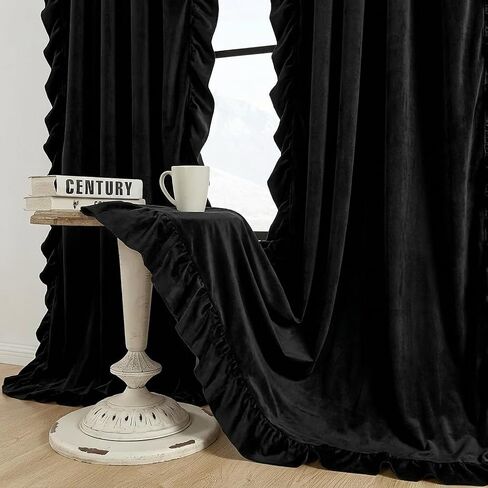 Ruffle Curtains 84 Inches Long for Bedroom Living Room,Farmhouse Black Ruffle Curtains Light Filtering Victorian Gothic Drapes Rod Pocket French Country Flowy Window Curtain in Saudi Arabia
