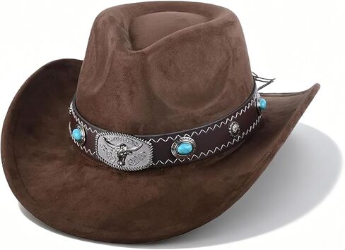 Cowboy Hat for Men and Women Vintage Denim Hat with Adjustable Inner Band Breathable Suede Perfect for Western Style Horse Riding Gardening Summer Activities and Themed Parties(Coffee,Size: M) in Kuwait