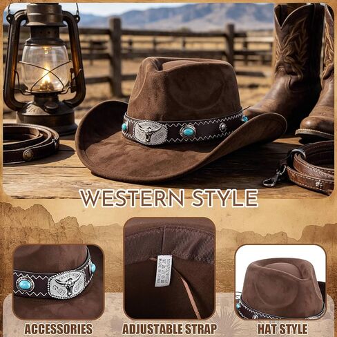 Cowboy Hat for Men and Women Vintage Denim Hat with Adjustable Inner Band Breathable Suede Perfect for Western Style Horse Riding Gardening Summer Activities and Themed Parties(Coffee,Size: M) in Kuwait