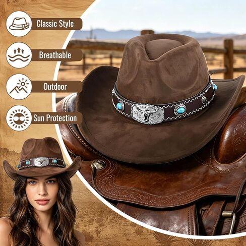 Cowboy Hat for Men and Women Vintage Denim Hat with Adjustable Inner Band Breathable Suede Perfect for Western Style Horse Riding Gardening Summer Activities and Themed Parties(Coffee,Size: M) in Kuwait