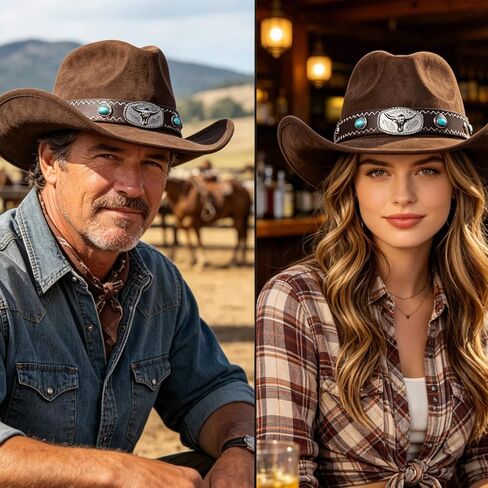 Cowboy Hat for Men and Women Vintage Denim Hat with Adjustable Inner Band Breathable Suede Perfect for Western Style Horse Riding Gardening Summer Activities and Themed Parties(Coffee,Size: M) in Kuwait