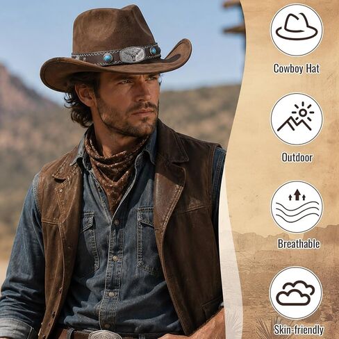 Cowboy Hat for Men and Women Vintage Denim Hat with Adjustable Inner Band Breathable Suede Perfect for Western Style Horse Riding Gardening Summer Activities and Themed Parties(Coffee,Size: M) in Kuwait