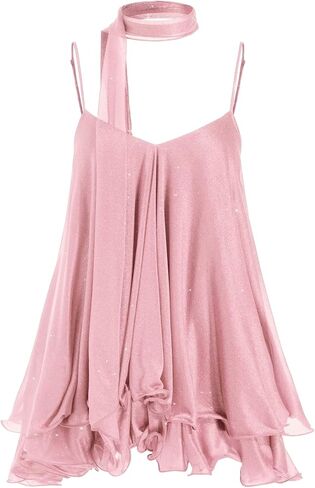 CIDER Halter Dresses Women Sequin V-Neck Halter Ruffled Hem Oversized Mini Dress Scarf Mid Waist Pink in Saudi Arabia