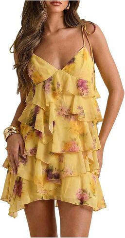 OYOANGLE Women's Floral Layered Ruffle Mini Dress V Neck Sleeveless Tie Shoulder Chiffon Cami Dresses in Saudi Arabia