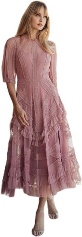Mac Duggal Mesh Ruffle Tiered A Line Midi Dress in Saudi Arabia