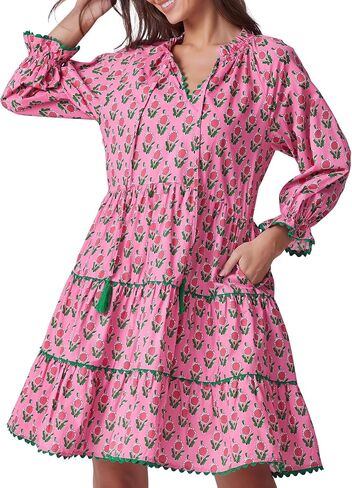 Kedera Womens Casual Mini Dress Long Sleeve Floral Ruffle V Neck Summer Loose Boho Babydoll Dresses with Pockets in Saudi Arabia