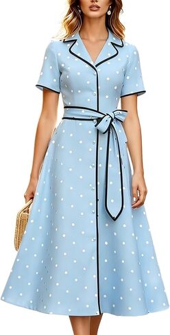 Women's Polka Dot Midi Shirt Dress Button Up Short Sleeve Belted A Line Casual Summer Cocktail Party Dresses in Saudi Arabia