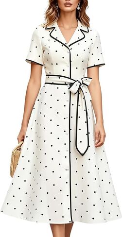 Women's Polka Dot Midi Shirt Dress Button Up Short Sleeve Belted A Line Casual Summer Cocktail Party Dresses in Saudi Arabia