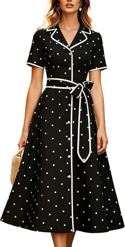 Women's Polka Dot Midi Shirt Dress Button Up Short Sleeve Belted A Line Casual Summer Cocktail Party Dresses in Saudi Arabia