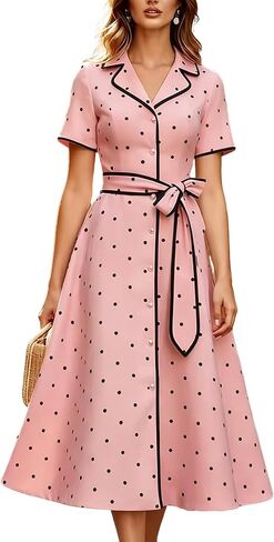 Women's Polka Dot Midi Shirt Dress Button Up Short Sleeve Belted A Line Casual Summer Cocktail Party Dresses in Saudi Arabia