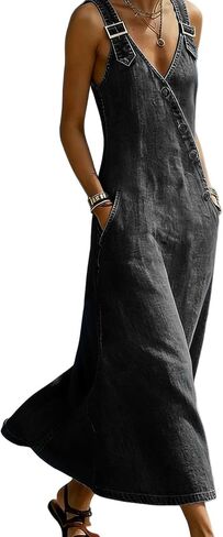 Women's Adjustable Strap Maxi Denim Dress V Neck Sleeveless Button Vintage Vest Jean Dress with Pockets in Saudi Arabia
