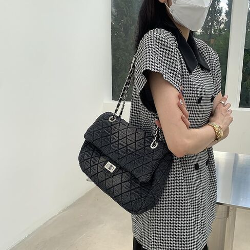 Quilted Denim Shoulder Bag for Women,Y2k Preppy Crossbody Tote Bag Purse with Chain Strap, Vintage Blue Jean Handbag in Saudi Arabia