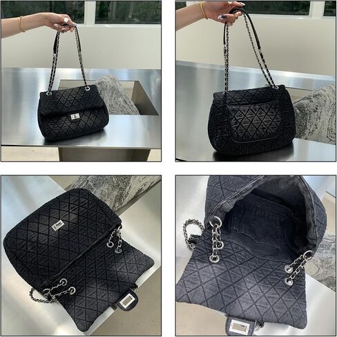 Quilted Denim Shoulder Bag for Women,Y2k Preppy Crossbody Tote Bag Purse with Chain Strap, Vintage Blue Jean Handbag in Saudi Arabia