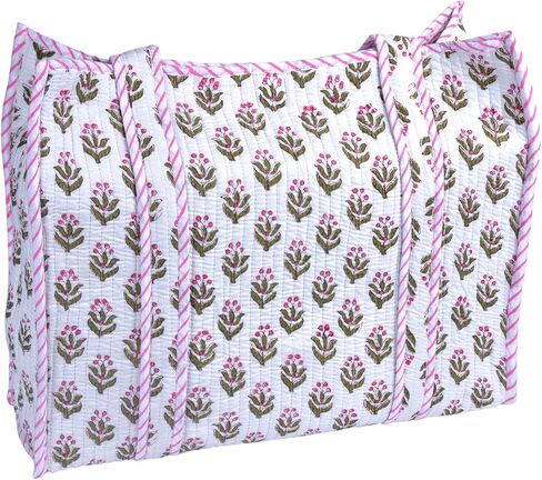 Quilted Tote Bag for Women – Large Size Block Print Cotton Shoulder Bag for Shopping Grocery Travel Work – Handmade Floral Tote Bags, Quilted Puffy Beach Bags | Large Capacity in Kuwait