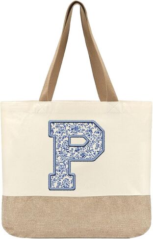 Initial Canvas Tote Bag, Womens Personalized Monogram P Tote Bags, Suitable for Wedding Engagement Parties Honeymoon Birthday Beach Holiday, Gift for Women Grandma Mom Teacher Friends Bridesmaids in Saudi Arabia