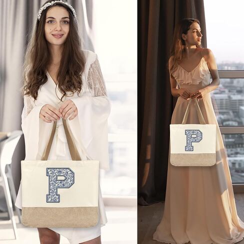 Initial Canvas Tote Bag, Womens Personalized Monogram P Tote Bags, Suitable for Wedding Engagement Parties Honeymoon Birthday Beach Holiday, Gift for Women Grandma Mom Teacher Friends Bridesmaids in Saudi Arabia