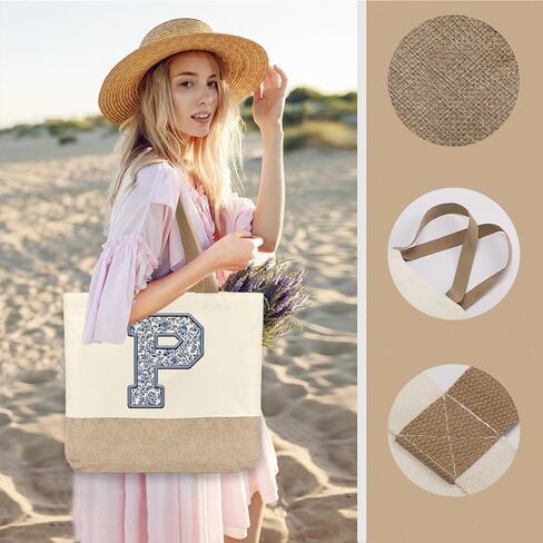 Initial Canvas Tote Bag, Womens Personalized Monogram P Tote Bags, Suitable for Wedding Engagement Parties Honeymoon Birthday Beach Holiday, Gift for Women Grandma Mom Teacher Friends Bridesmaids in Saudi Arabia