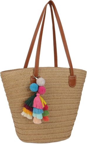 Straw Beach Bags for Women Summer Beach Tote Bag Woven Shoulder Handbag Purse with Tassel (Brown-Style-2) in Saudi Arabia