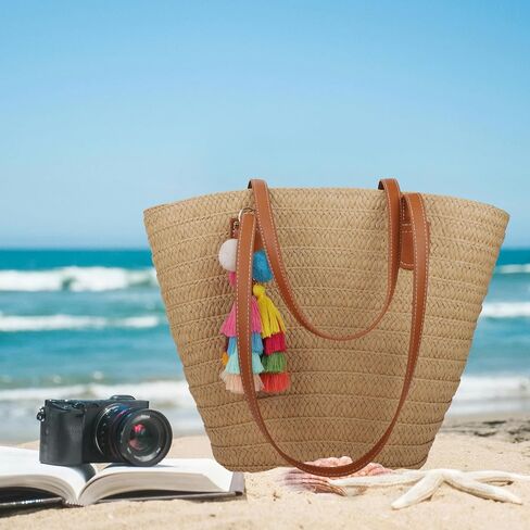 Straw Beach Bags for Women Summer Beach Tote Bag Woven Shoulder Handbag Purse with Tassel (Brown-Style-2) in Saudi Arabia