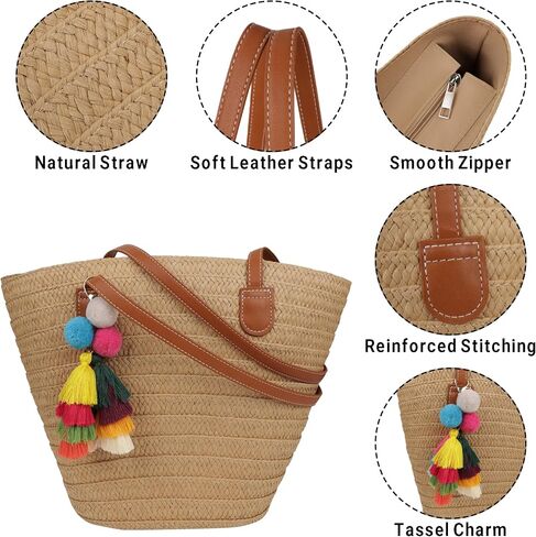 Straw Beach Bags for Women Summer Beach Tote Bag Woven Shoulder Handbag Purse with Tassel (Brown-Style-2) in Saudi Arabia