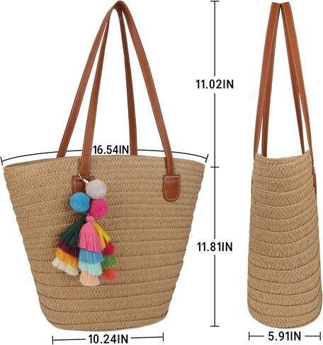 Straw Beach Bags for Women Summer Beach Tote Bag Woven Shoulder Handbag Purse with Tassel (Brown-Style-2) in Saudi Arabia