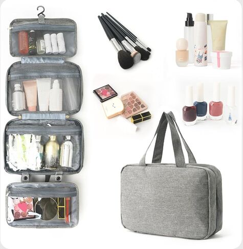 Travel Makeup Bag, Large Capacity Women's Makeup Bag, Waterproof Portable Four-Fold Travel Storage Box, Layered Mesh Toiletries Bag, Suitable for Daily Use, Business Travel, Tourism, etc. (Grey) in Saudi Arabia