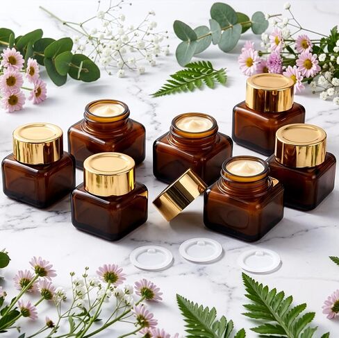 Yarlung 30 Pack 0.5 Oz Amber Small Glass Jars with Lids, Square Brown Cosmetic Sample Jar Leakproof Travel Containers with Inner Liners for Creams, Lotions, Essential Oils, Body Butter in Saudi Arabia