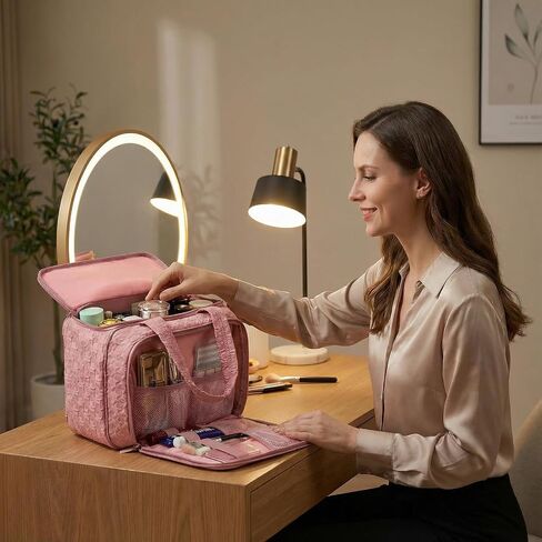 SMONT Toiletry Bag for Traveling Women, 11.5" Large Travel Makeup Toiletries Skincare Bag, Big Cosmetic Cosmetiquera Pink in Saudi Arabia