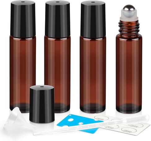 10ml Roller Bottles for Essential Oils, 4 Pack Glass Roll on Bottles, Refillable Perfume Bottle, with Stainless Steel Roller Balls, 2 Droppers, 1 Opener, Labels (Amber) in Kuwait
