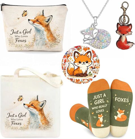 Fox Gifts for Women and Girls - Unique Fox Lovers Gifts Set Includes Fun Socks, Makeup Bag, Necklace, Keychain & Waterproof Stickers - Cute Birthday Christmas Teen Girls in Saudi Arabia
