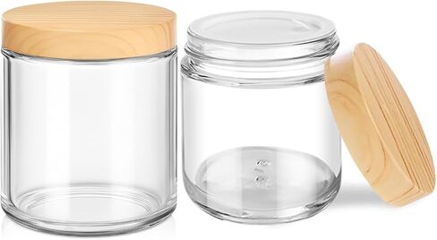 Small Glass Jars with Lids,4oz 2 Pack Clear Small Glass Jars with Plastic Woodgrain Lids Leakproof Round Airtight Empty Cosmetic Reusable Travel Cosmetic Containers for Creams, Makeup, Lotion, Spice in Saudi Arabia
