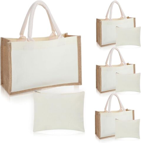 4 Sets Natural Burlap Tote Bags with Handles & Canvas Makeup Pouch, Reusable Jute Tote Bag for Wedding, Beach, Shopping, DIY Craft Blank Burlap Gift Bags with Handles in Saudi Arabia