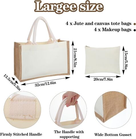 4 Sets Natural Burlap Tote Bags with Handles & Canvas Makeup Pouch, Reusable Jute Tote Bag for Wedding, Beach, Shopping, DIY Craft Blank Burlap Gift Bags with Handles in Saudi Arabia