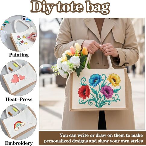 4 Sets Natural Burlap Tote Bags with Handles & Canvas Makeup Pouch, Reusable Jute Tote Bag for Wedding, Beach, Shopping, DIY Craft Blank Burlap Gift Bags with Handles in Saudi Arabia