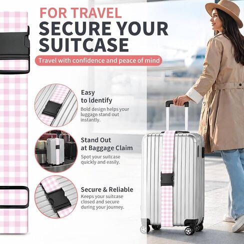 Luggage Strap for Suitcases Adjustable Travel Belt with Quick Release Buckle, Cute Travel Accessories for Suitcase Strap Pink Plaid in Kuwait