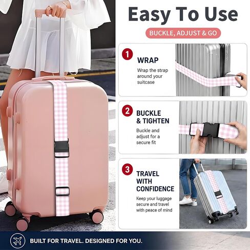 Luggage Strap for Suitcases Adjustable Travel Belt with Quick Release Buckle, Cute Travel Accessories for Suitcase Strap Pink Plaid in Kuwait