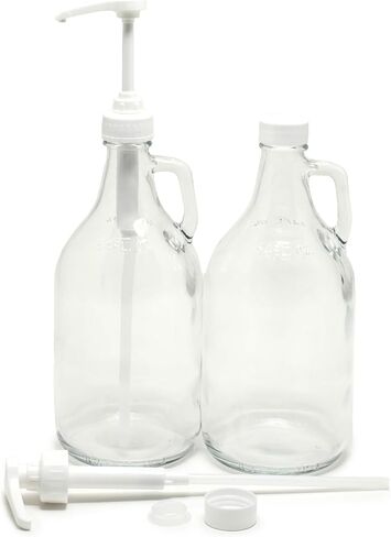 Vivaplex, 2, Large, 64 oz (1/2 Gallon) Clear Glass Jugs with White Lotion Pumps and White Screw Caps in Saudi Arabia