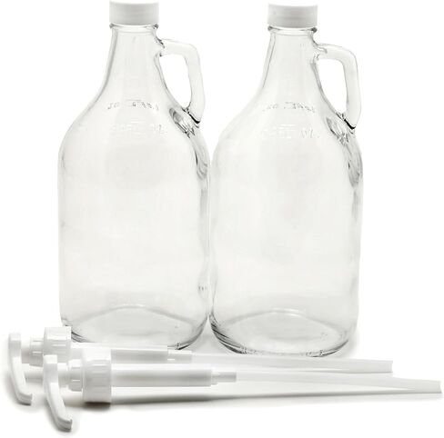 Vivaplex, 2, Large, 64 oz (1/2 Gallon) Clear Glass Jugs with White Lotion Pumps and White Screw Caps in Saudi Arabia