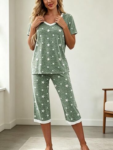 Women’s Capri Pajama Set V Neck Short Sleeve Star Print Sleepwear with Pocket Lounge Set in Saudi Arabia