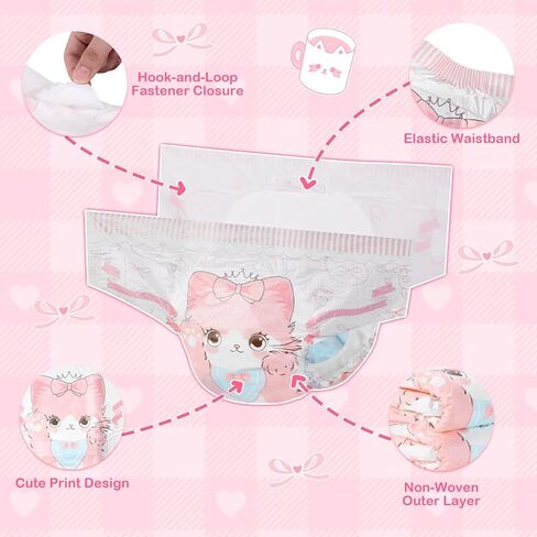 Landofgenie Adjustable Hook-and-Loop Fastener Closure Adult Printed Cloth Back Diaper 10 Pieces - Kitten (Medium 28"-38") in Kuwait