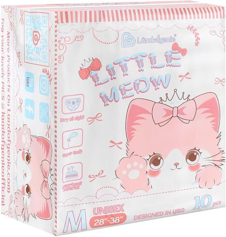 Landofgenie Adjustable Hook-and-Loop Fastener Closure Adult Printed Cloth Back Diaper 10 Pieces - Kitten (Medium 28"-38") in Kuwait