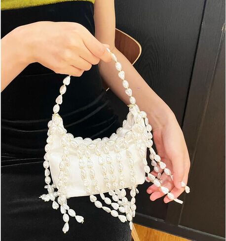 Pearl Purse, White Tasseled Pearl Satin Evening Bags, Shoulder Bag, Handbags for Party Wedding Travel in Saudi Arabia
