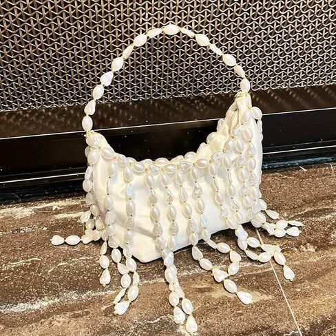 Pearl Purse, White Tasseled Pearl Satin Evening Bags, Shoulder Bag, Handbags for Party Wedding Travel in Saudi Arabia